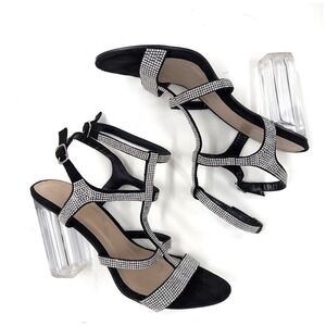 Yoki  Clear Block Heel Black Rhinestone Strappy Sandals Women's 10
